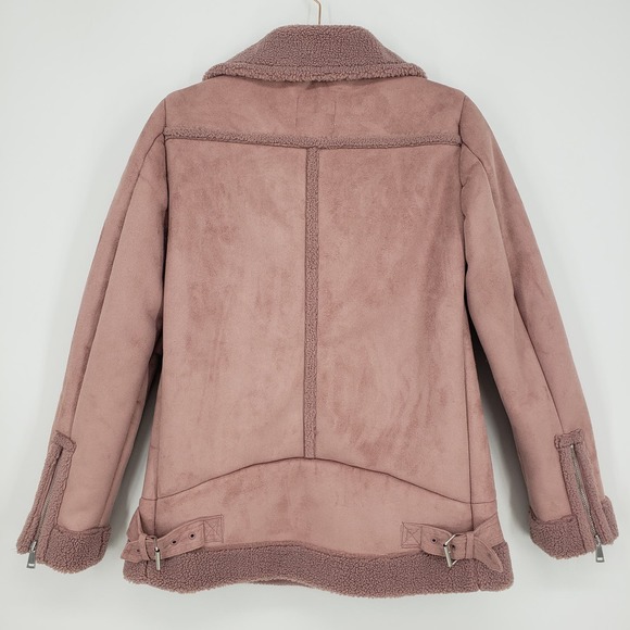 LOFT Faux Suede Aviator Jacket XS Sherpa Moto Asymmetrical Zip Up Mauve Pink - Picture 3 of 10